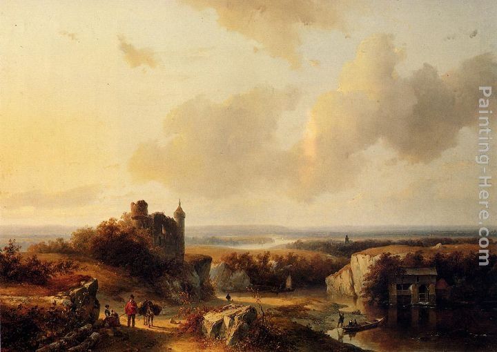Barend Cornelis Koekkoek AnExtensive River Landscape With Travellers On A Path And A Castle In Ruins In The Distance